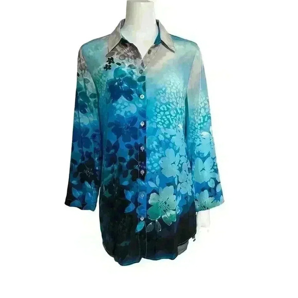 Soft Surroundings Blue Watercolor Floral Pribt Silk Blouse Size Small - Picture 2 of 12